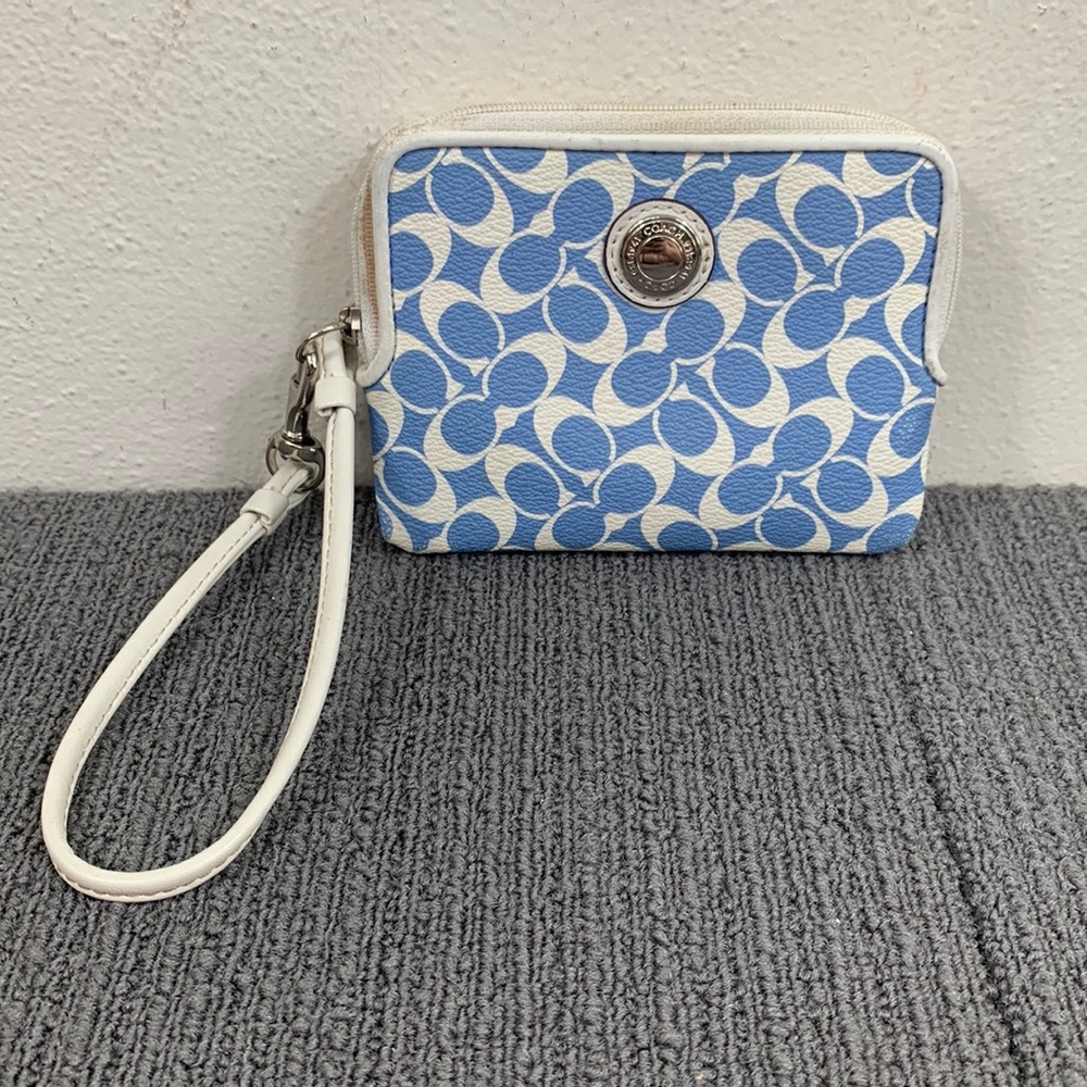 Coach Wristlet Wallet Womens Small Blue White Coated Canvas Signature Clutch